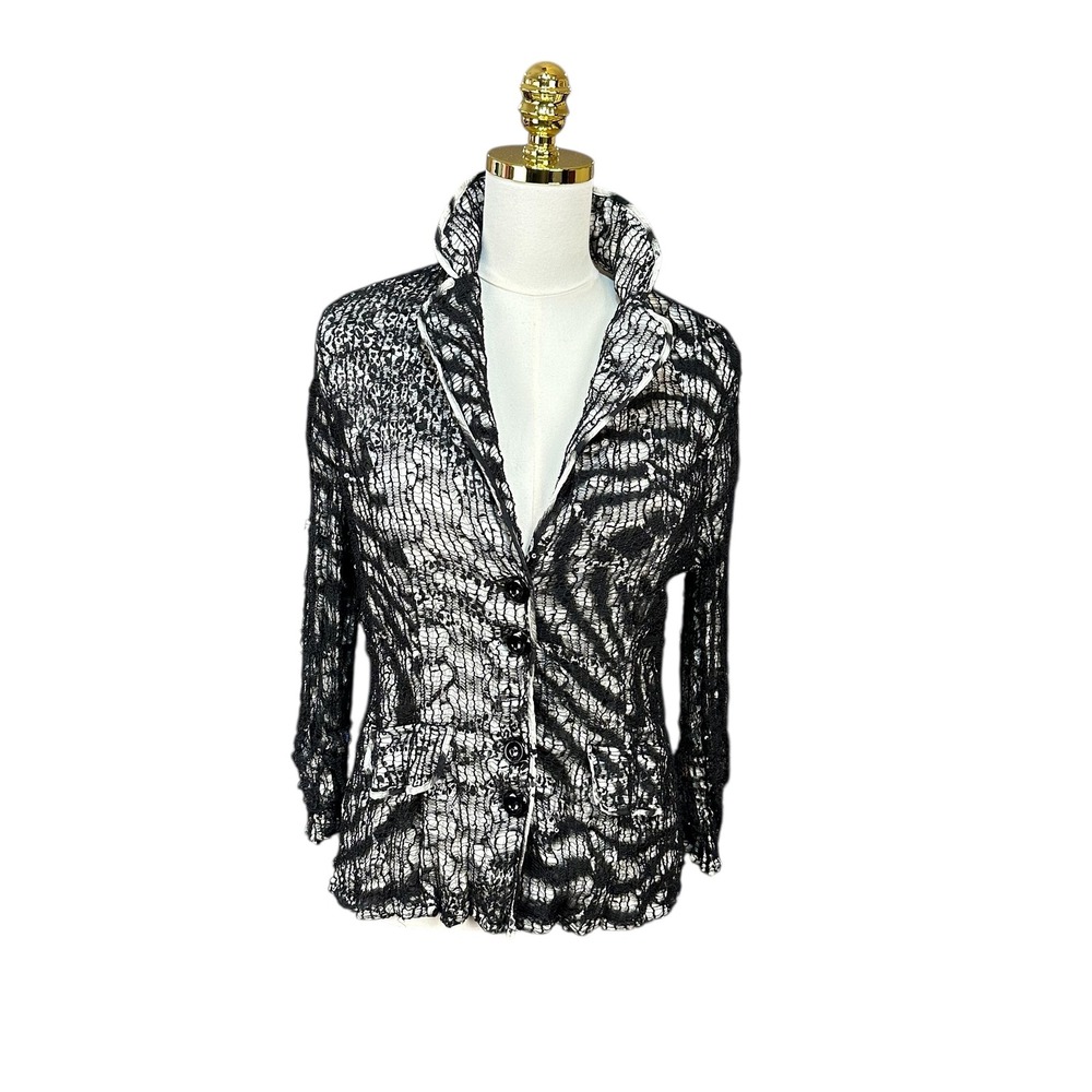Y2K NWT Women Zebra Sequin Lace Overlay Blazer Jacket Black White SZ L Corp Goth